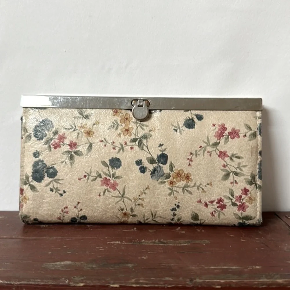 Floral leather wallet with antique blue pink & yellow floral design beige (734)‎